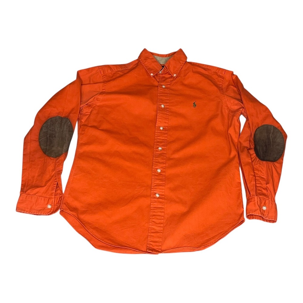 Ralph Lauren Mens Small Classic Fit Orange Cotton Twill Shirt Elbow Patches